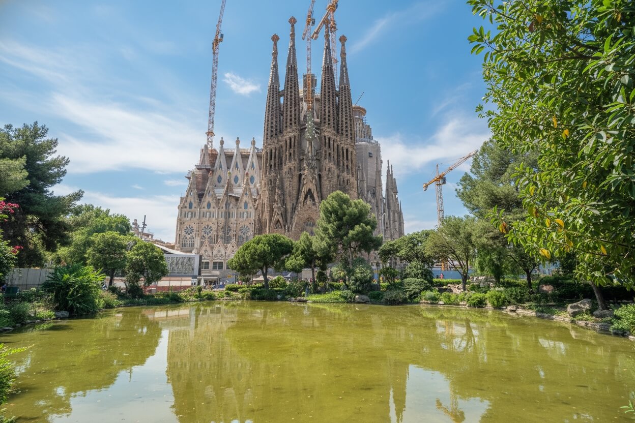 Parc avec bassin devant la Sagrada Familia